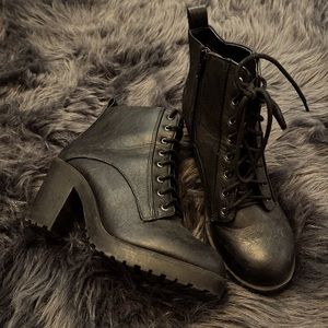 Black lace up heeled booties